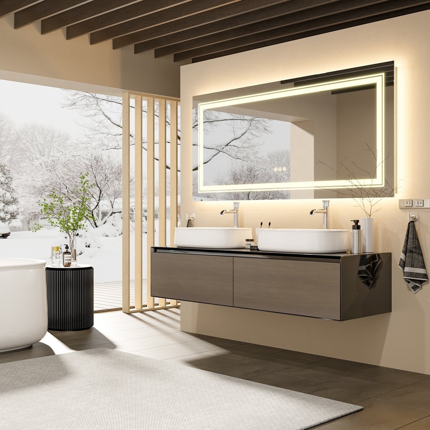 Grand miroir de salle de bain à éclairage LED, anti-buée, avec support mural, 3 couleurs