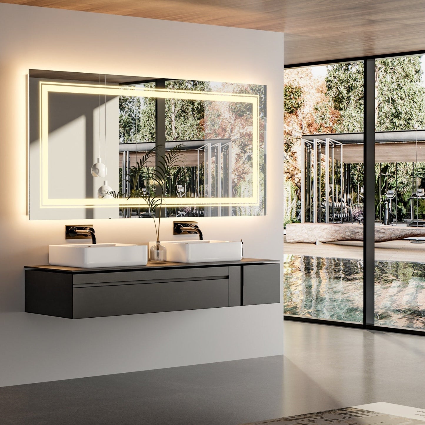Grand miroir de salle de bain à éclairage LED, anti-buée, avec support mural, 3 couleurs