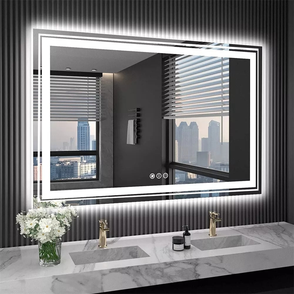 Grand miroir de salle de bain à éclairage LED, anti-buée, avec support mural, 3 couleurs