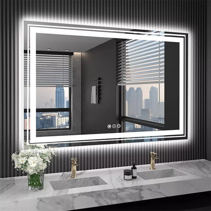 Grand miroir de salle de bain à éclairage LED, anti-buée, avec support mural, 3 couleurs