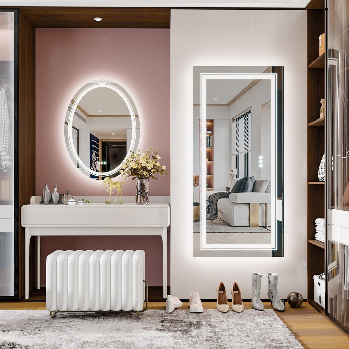Grand miroir de salle de bain à éclairage LED, anti-buée, avec support mural, 3 couleurs