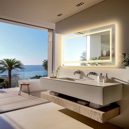 Grand miroir de salle de bain à éclairage LED, anti-buée, avec support mural, 3 couleurs