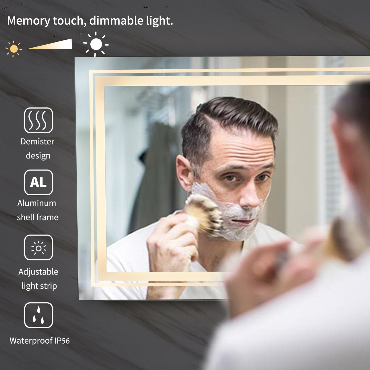 Grand miroir de salle de bain à éclairage LED, anti-buée, avec support mural, 3 couleurs