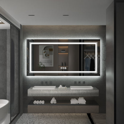 Grand miroir de salle de bain à éclairage LED, anti-buée, avec support mural, 3 couleurs