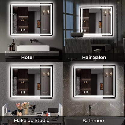 Grand miroir de salle de bain à éclairage LED, anti-buée, avec support mural, 3 couleurs