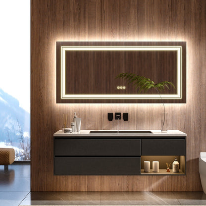 Grand miroir de salle de bain à éclairage LED, anti-buée, avec support mural, 3 couleurs