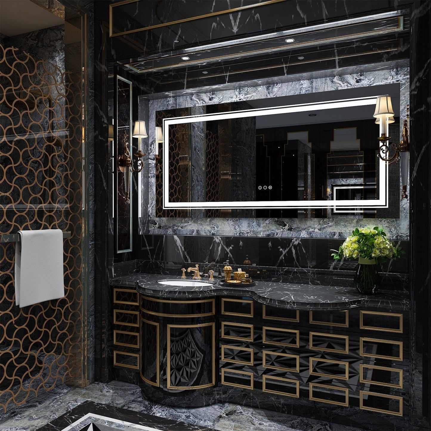 Grand miroir de salle de bain à éclairage LED, anti-buée, avec support mural, 3 couleurs