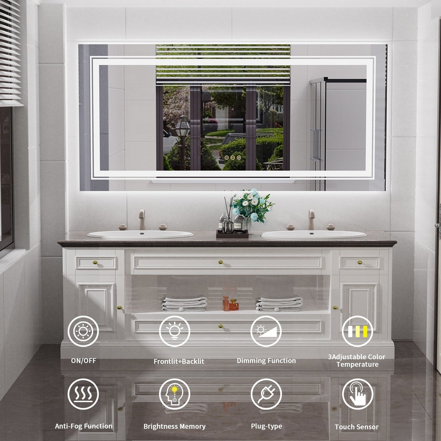 Grand miroir de salle de bain à éclairage LED, anti-buée, avec support mural, 3 couleurs