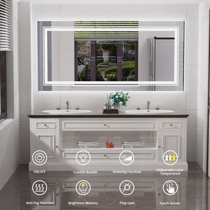 Grand miroir de salle de bain à éclairage LED, anti-buée, avec support mural, 3 couleurs