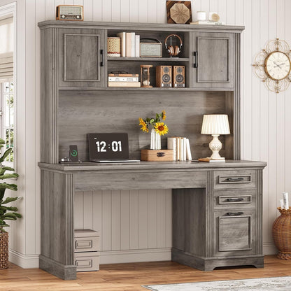 Bureau de direction style farmhouse, bureau de travail à domicile, avec tiroir à dossiers, support pour écran et prise de courant.