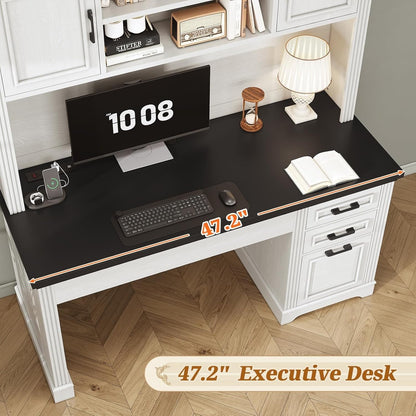 Bureau de direction style farmhouse, bureau de travail à domicile, avec tiroir à dossiers, support pour écran et prise de courant.