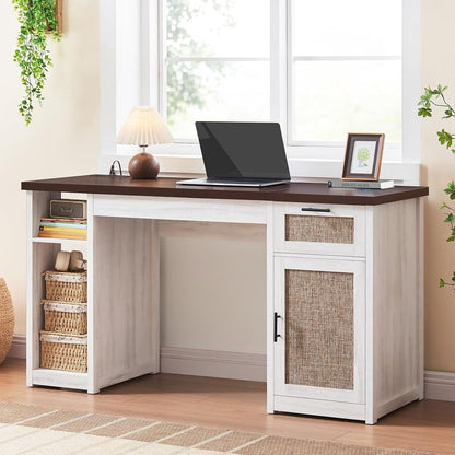 Bureau de direction style farmhouse, bureau de travail à domicile, avec tiroir à dossiers, support pour écran et prise de courant.