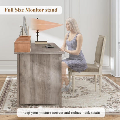 Bureau de direction style farmhouse, bureau de travail à domicile, avec tiroir à dossiers, support pour écran et prise de courant.