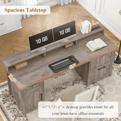 Bureau de direction style farmhouse, bureau de travail à domicile, avec tiroir à dossiers, support pour écran et prise de courant.