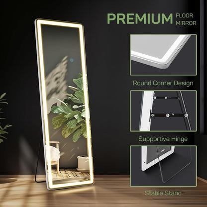 Grand miroir de sol avec éclairage LED, miroir pleine longueur 64 x 21 pouces avec support, miroir mural suspendu, miroir corporel entier.