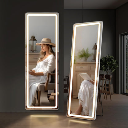 Grand miroir de sol avec éclairage LED, miroir pleine longueur 64 x 21 pouces avec support, miroir mural suspendu, miroir corporel entier.
