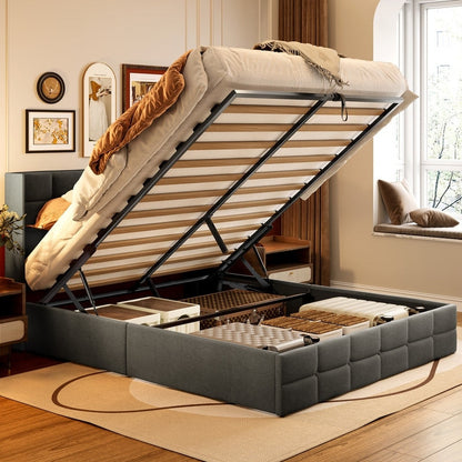 Cadre de lit coffre relevable, cadre de lit plateforme capitonné avec système de rangement hydraulique et tête de lit.
