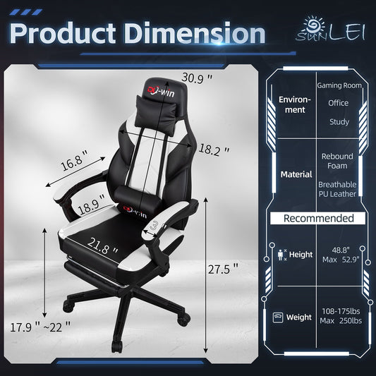 Chaise de jeu Futzca en cuir PU, chaise de bureau avec repose-tête, repose-pieds et support lombaire massant.