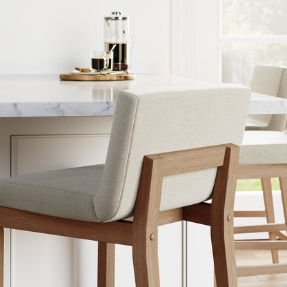 Tabouret de bar moderne Gracie, chaise rembourrée en bouclé et pieds en bois brossé