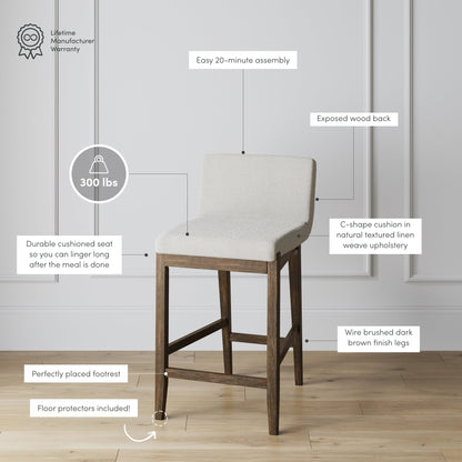 Tabouret de bar moderne Gracie, chaise rembourrée en bouclé et pieds en bois brossé