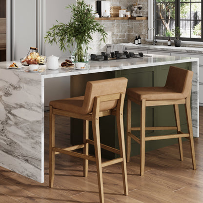 Tabouret de bar moderne Gracie, chaise rembourrée en bouclé et pieds en bois brossé