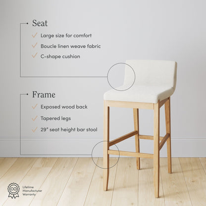 Tabouret de bar moderne Gracie, chaise rembourrée en bouclé et pieds en bois brossé