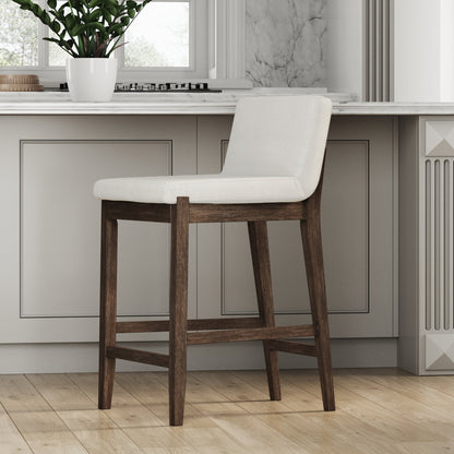 Tabouret de bar moderne Gracie, chaise rembourrée en bouclé et pieds en bois brossé