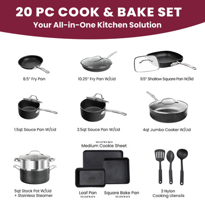 Ensemble de casseroles, poêles, ustensiles de cuisine et de pâtisserie Granitestone 20 pièces antiadhésives