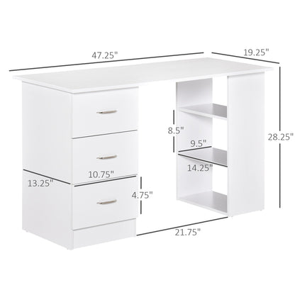 HOMCOM Bureau d'ordinateur moderne pour la maison, bibliothèque combinée, table d'écriture, poste de travail avec 3 tiroirs et étagère de rangement - Blanc