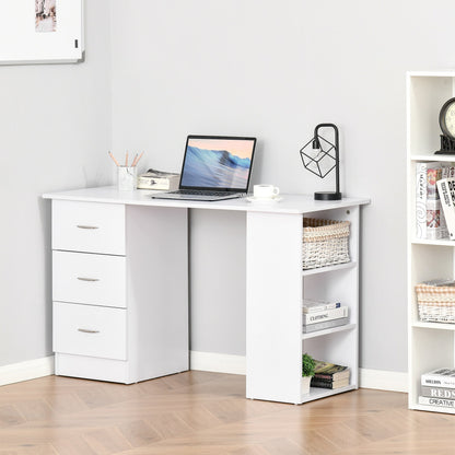 HOMCOM Bureau d'ordinateur moderne pour la maison, bibliothèque combinée, table d'écriture, poste de travail avec 3 tiroirs et étagère de rangement - Blanc