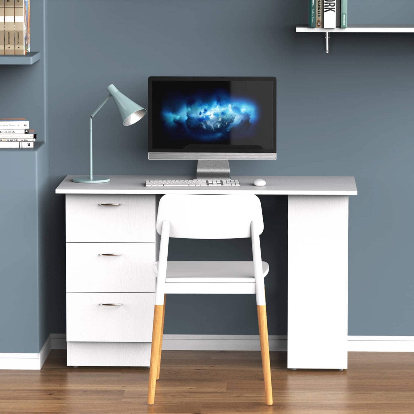 HOMCOM Bureau d'ordinateur moderne pour la maison, bibliothèque combinée, table d'écriture, poste de travail avec 3 tiroirs et étagère de rangement - Blanc