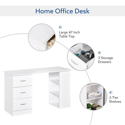 HOMCOM Bureau d'ordinateur moderne pour la maison, bibliothèque combinée, table d'écriture, poste de travail avec 3 tiroirs et étagère de rangement - Blanc