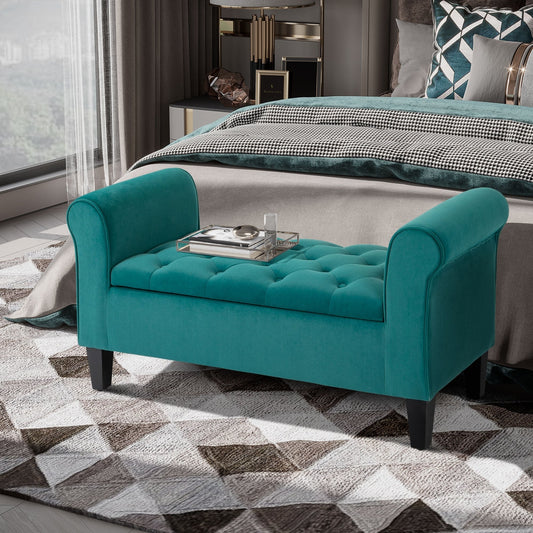HOMCOM Tabouret Ottoman de Rangement à Boutons Capitonnés, Banc de Lit Tapissé avec Accoudoirs Rouglissés pour Chambre à Coucher, Salon ou Couloir