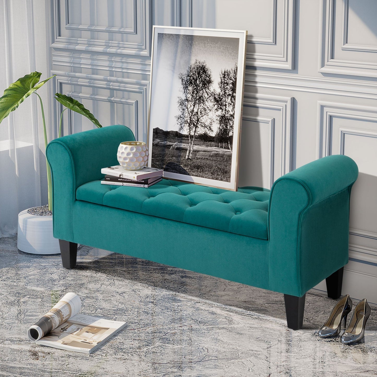 HOMCOM Tabouret Ottoman de Rangement à Boutons Capitonnés, Banc de Lit Tapissé avec Accoudoirs Rouglissés pour Chambre à Coucher, Salon ou Couloir