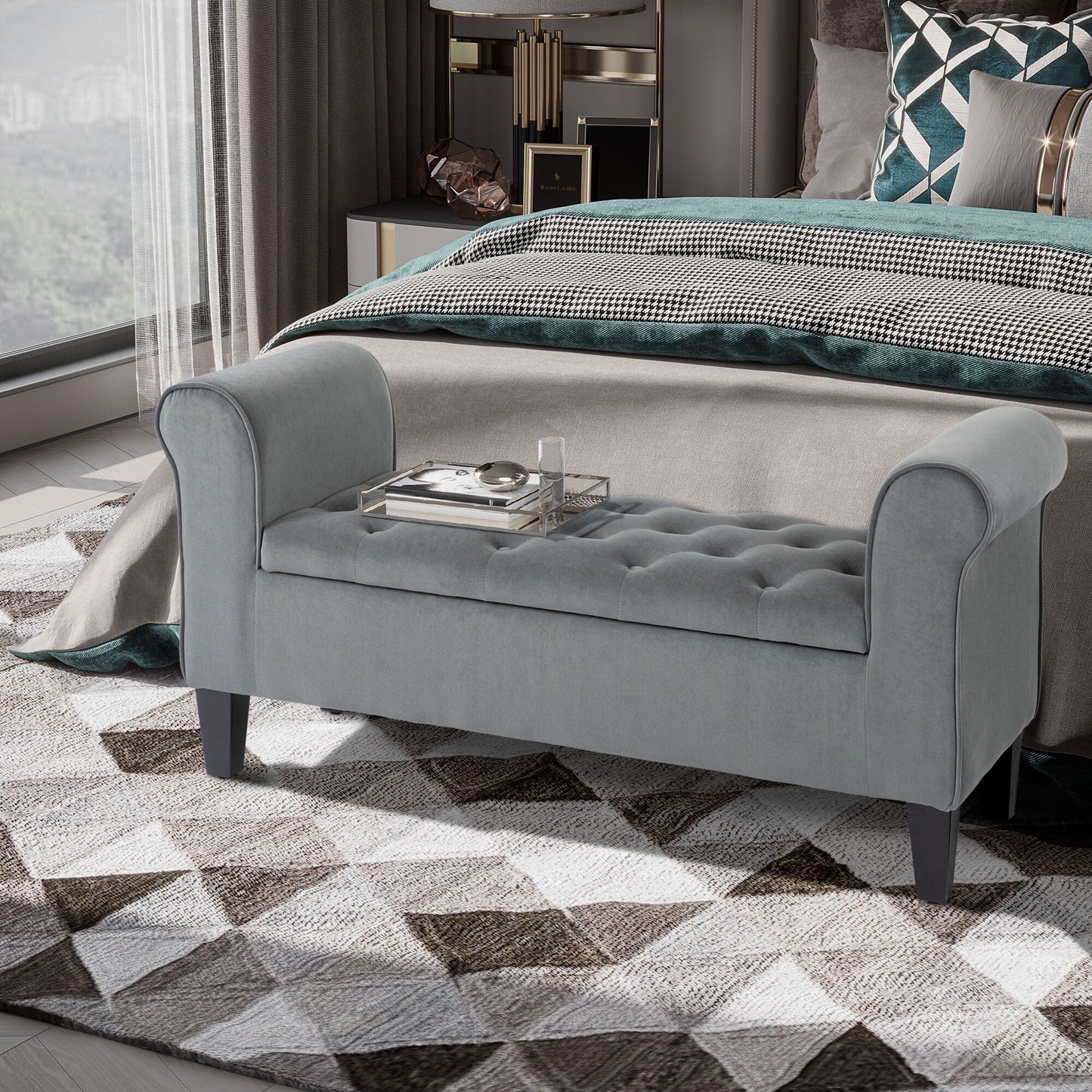 HOMCOM Tabouret Ottoman de Rangement à Boutons Capitonnés, Banc de Lit Tapissé avec Accoudoirs Rouglissés pour Chambre à Coucher, Salon ou Couloir