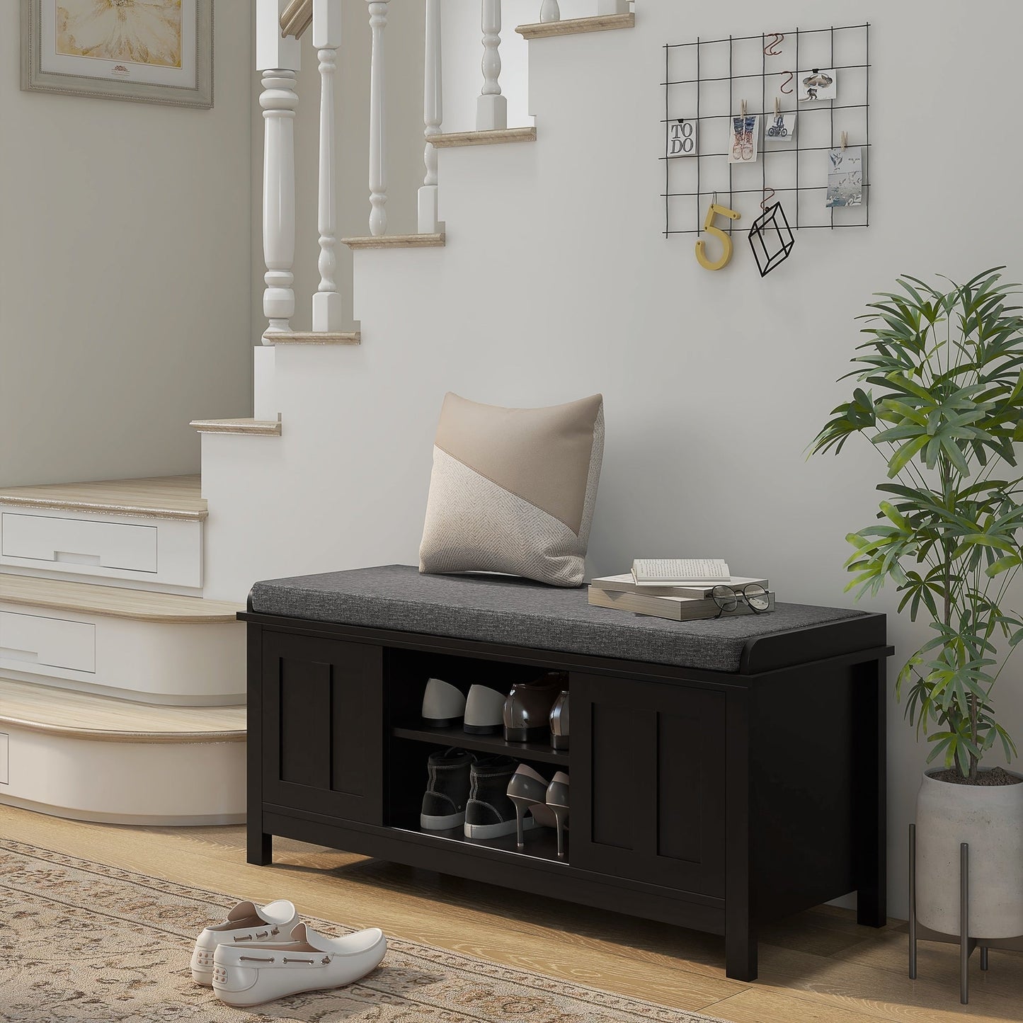 HOMCOM Banc à chaussures d'entrée avec rangement, ottomane, étagères réglables, 6 compartiments et assise rembourrée, blanc/gris