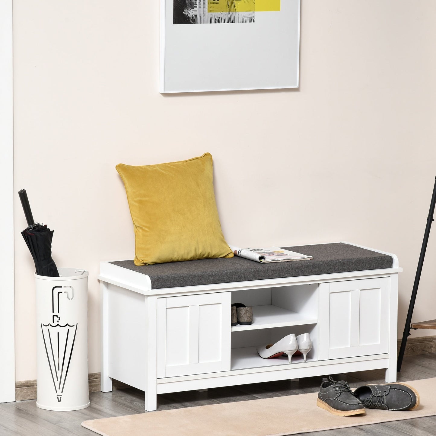 HOMCOM Banc à chaussures d'entrée avec rangement, ottomane, étagères réglables, 6 compartiments et assise rembourrée, blanc/gris