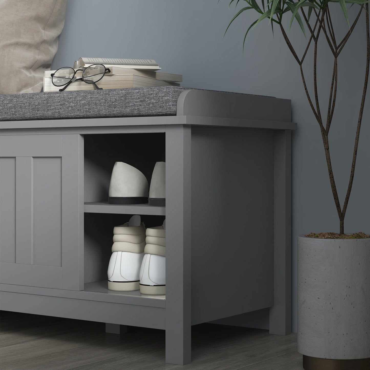 HOMCOM Banc à chaussures d'entrée avec rangement, ottomane, étagères réglables, 6 compartiments et assise rembourrée, blanc/gris
