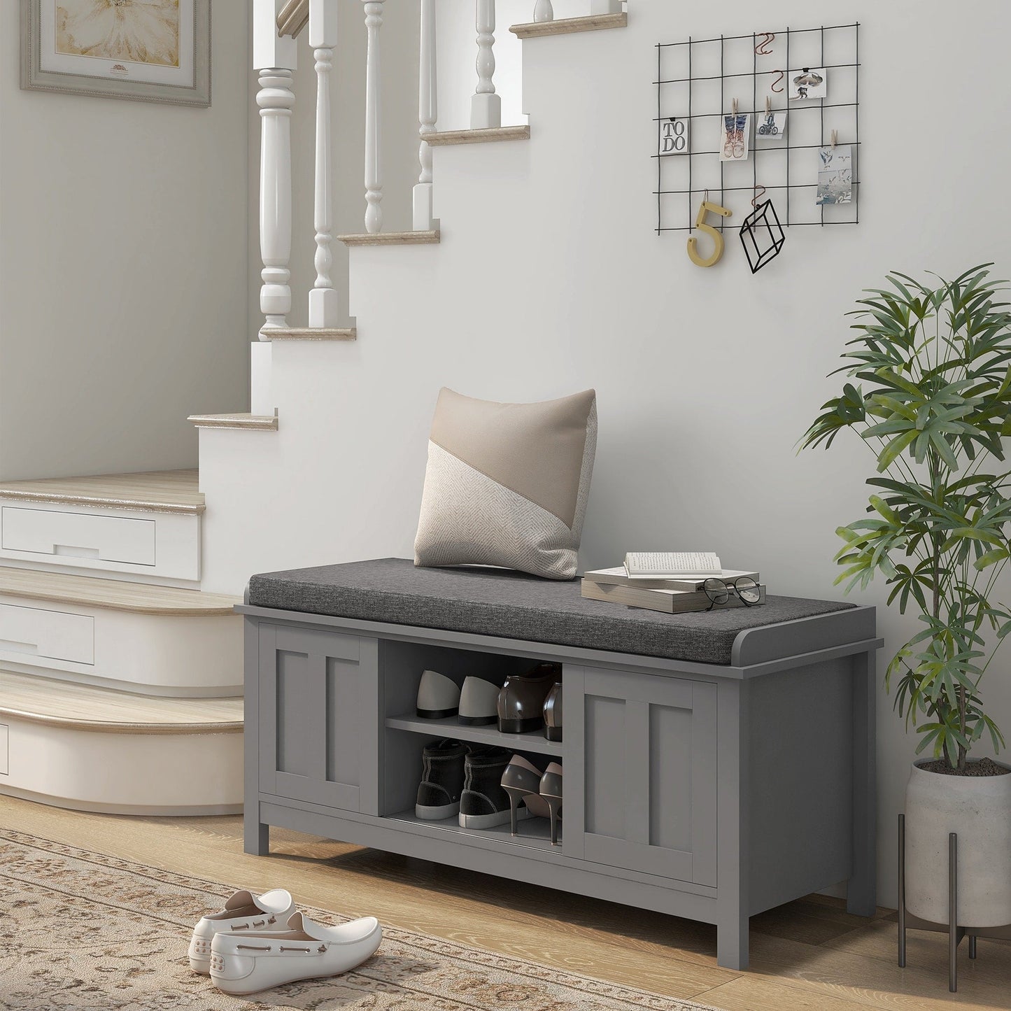 HOMCOM Banc à chaussures d'entrée avec rangement, ottomane, étagères réglables, 6 compartiments et assise rembourrée, blanc/gris