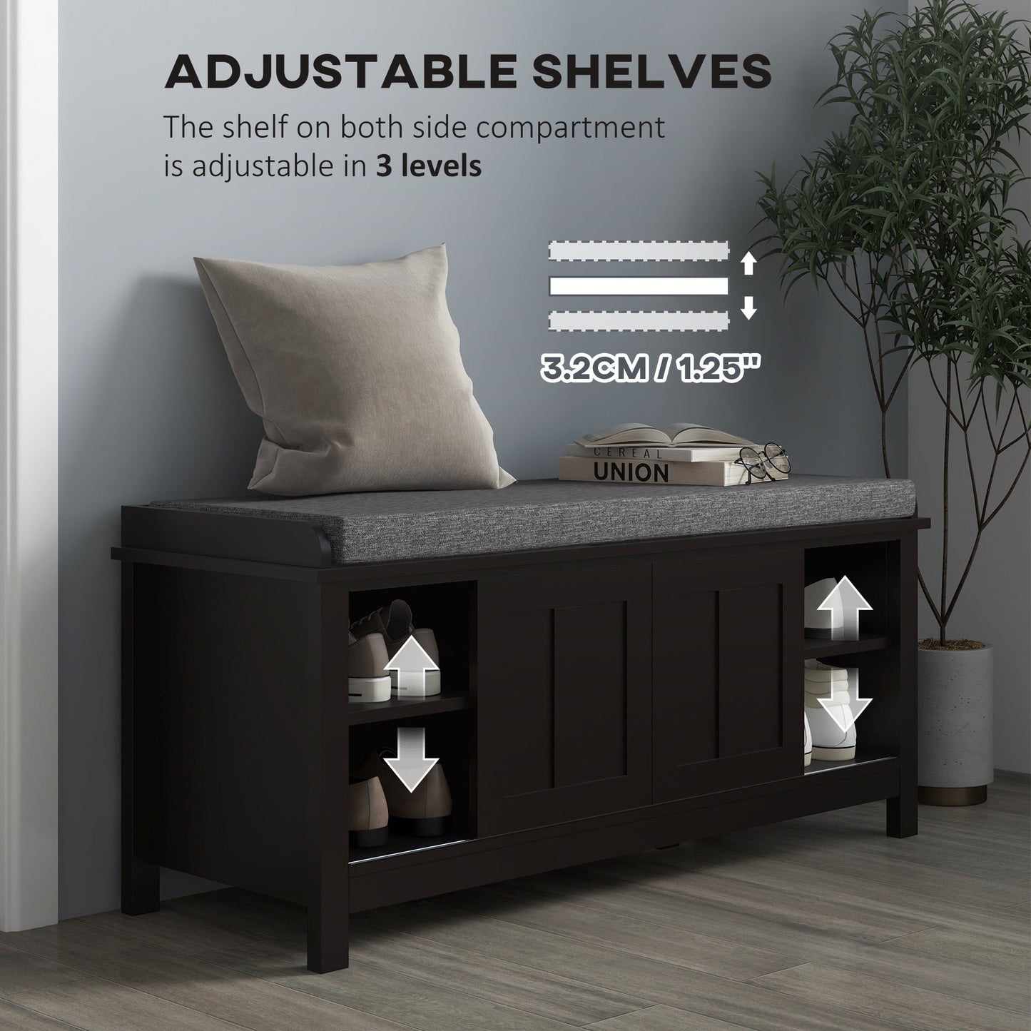 HOMCOM Banc à chaussures d'entrée avec rangement, ottomane, étagères réglables, 6 compartiments et assise rembourrée, blanc/gris