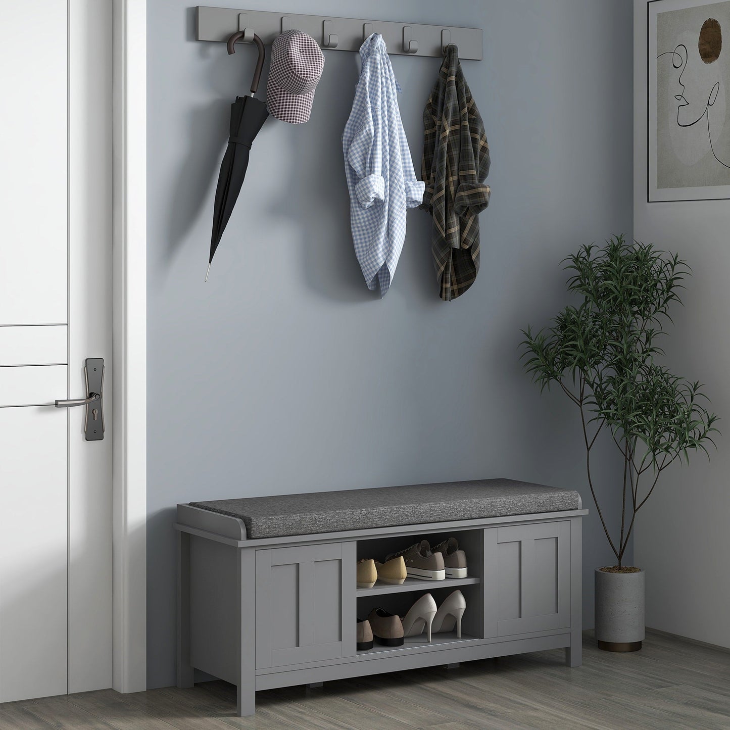 HOMCOM Banc à chaussures d'entrée avec rangement, ottomane, étagères réglables, 6 compartiments et assise rembourrée, blanc/gris