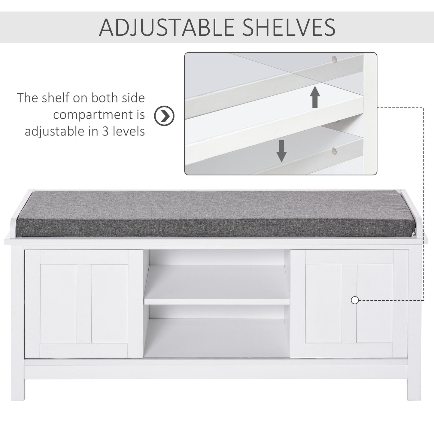 HOMCOM Banc à chaussures d'entrée avec rangement, ottomane, étagères réglables, 6 compartiments et assise rembourrée, blanc/gris