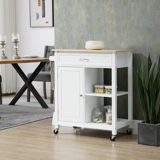 HOMCOM Chariot de cuisine, chariot utilitaire en bois sur roulettes avec étagère ouverte et tiroir de rangement pour salle à manger, cuisine