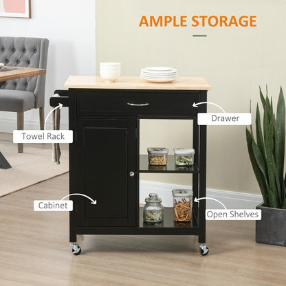 HOMCOM Chariot de cuisine, chariot utilitaire en bois sur roulettes avec étagère ouverte et tiroir de rangement pour salle à manger, cuisine