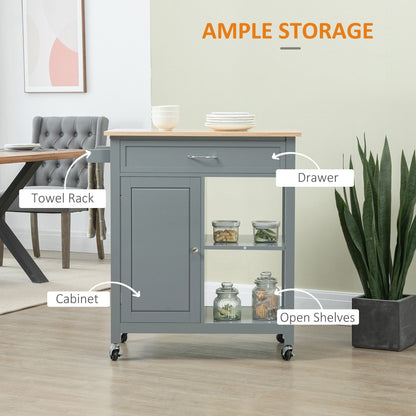 HOMCOM Chariot de cuisine, chariot utilitaire en bois sur roulettes avec étagère ouverte et tiroir de rangement pour salle à manger, cuisine