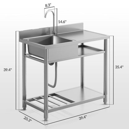 Bassin de lavage extérieur HOMCOM, évier profond en acier inoxydable, évier de cuisine simple à poser, 39 pouces - 39 pouces