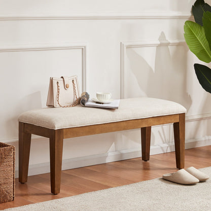 Banc d'entrée recouvert de tissu, banc de chambre à coucher pour le pied du lit beige, en bois massif, 44 pouces