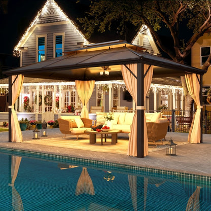 Gazebo à toit rigide pour jardin – Pergola permanente avec moustiquaire, rideaux et toit double, abri extérieur toutes saisons