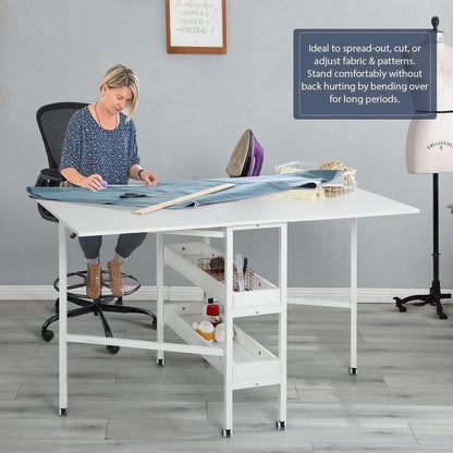 Table d'artisanat à hauteur réglable avec étagères de rangement, table de coupe pliable mobile pour maison, bureau, salle de couture, salle d'artisanat