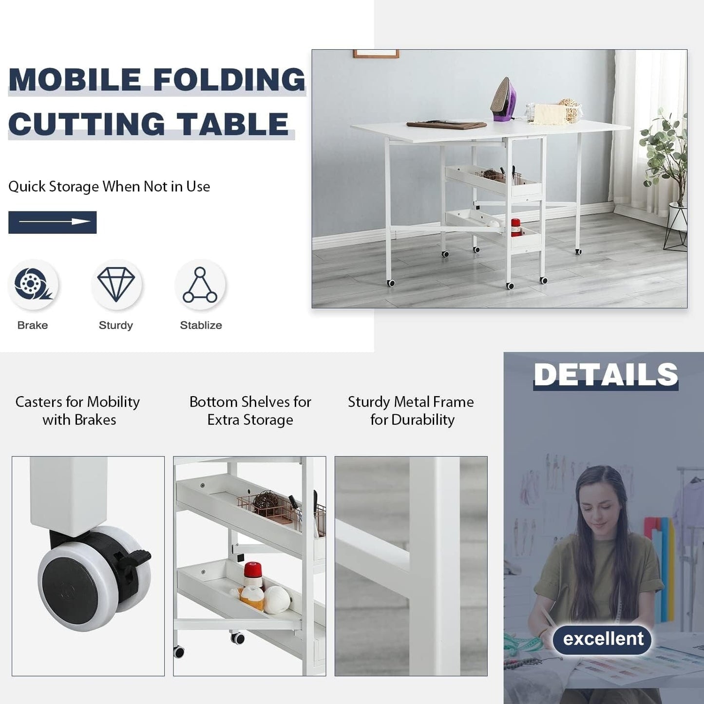 Table d'artisanat à hauteur réglable avec étagères de rangement, table de coupe pliable mobile pour maison, bureau, salle de couture, salle d'artisanat